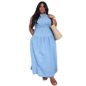 GAP 100% Organic Cotton High Neck Denim Maxi Dress Women's XXL Tall NEW with Tag